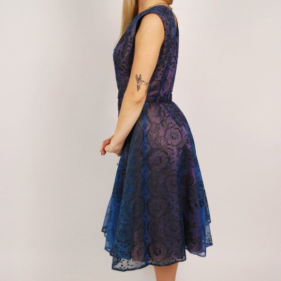 50s Sparkly Swing Dress (L) large navy blue glitter floral formal prom vintage - Picture 3 of 9